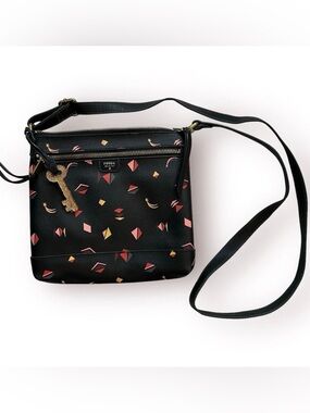 Fossil Crossbody Abstract Triangle Geometric Purse Key Charm Faux Leather Artsy